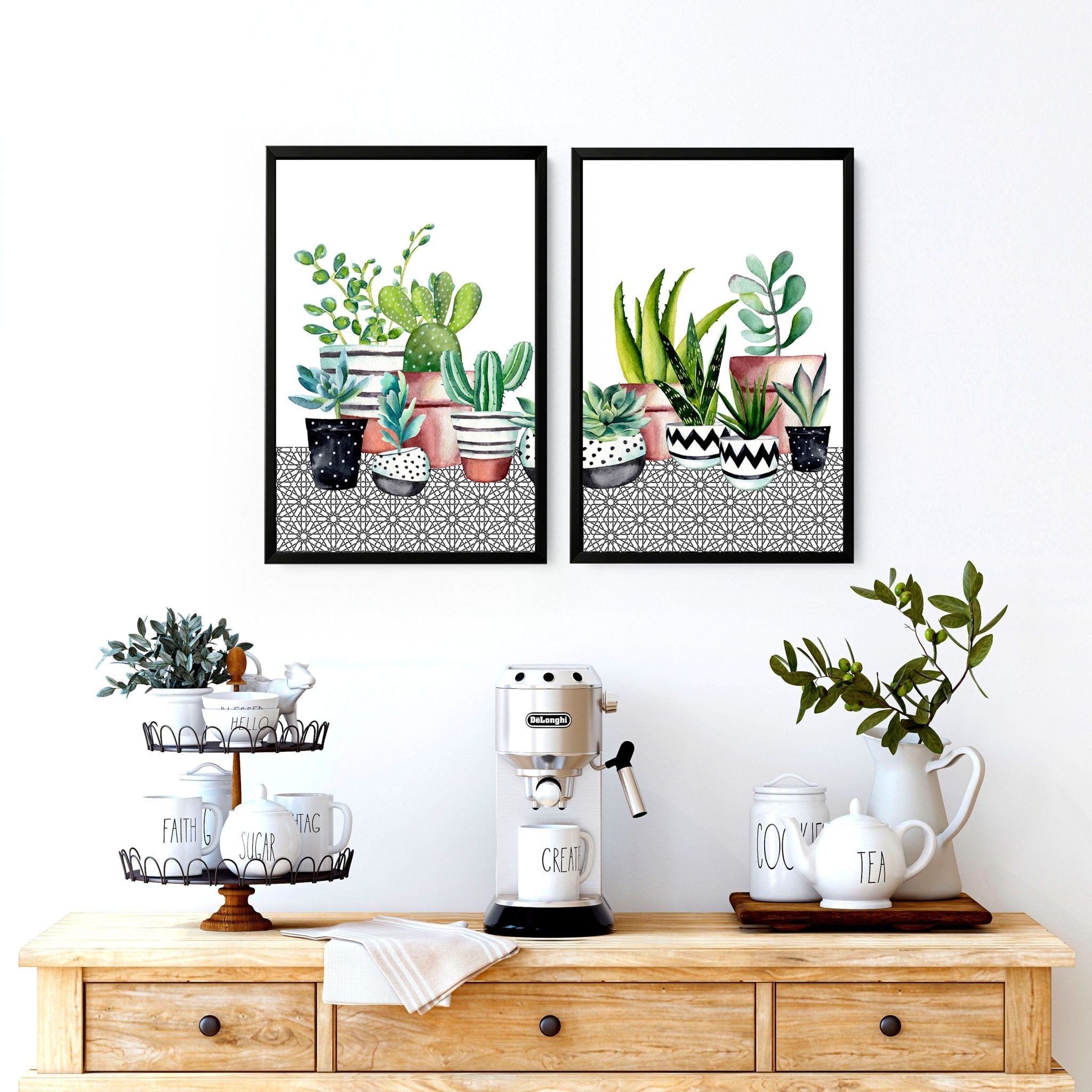 Set of 2 succulent wall art prints featuring vibrant watercolor illustrations, perfect for kitchen or dining room decor.