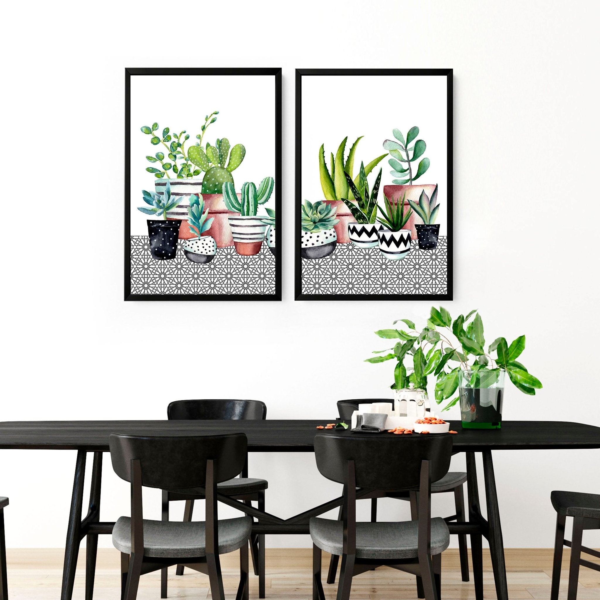 Set of 2 succulent wall art prints featuring vibrant watercolor illustrations, perfect for kitchen or dining room decor.