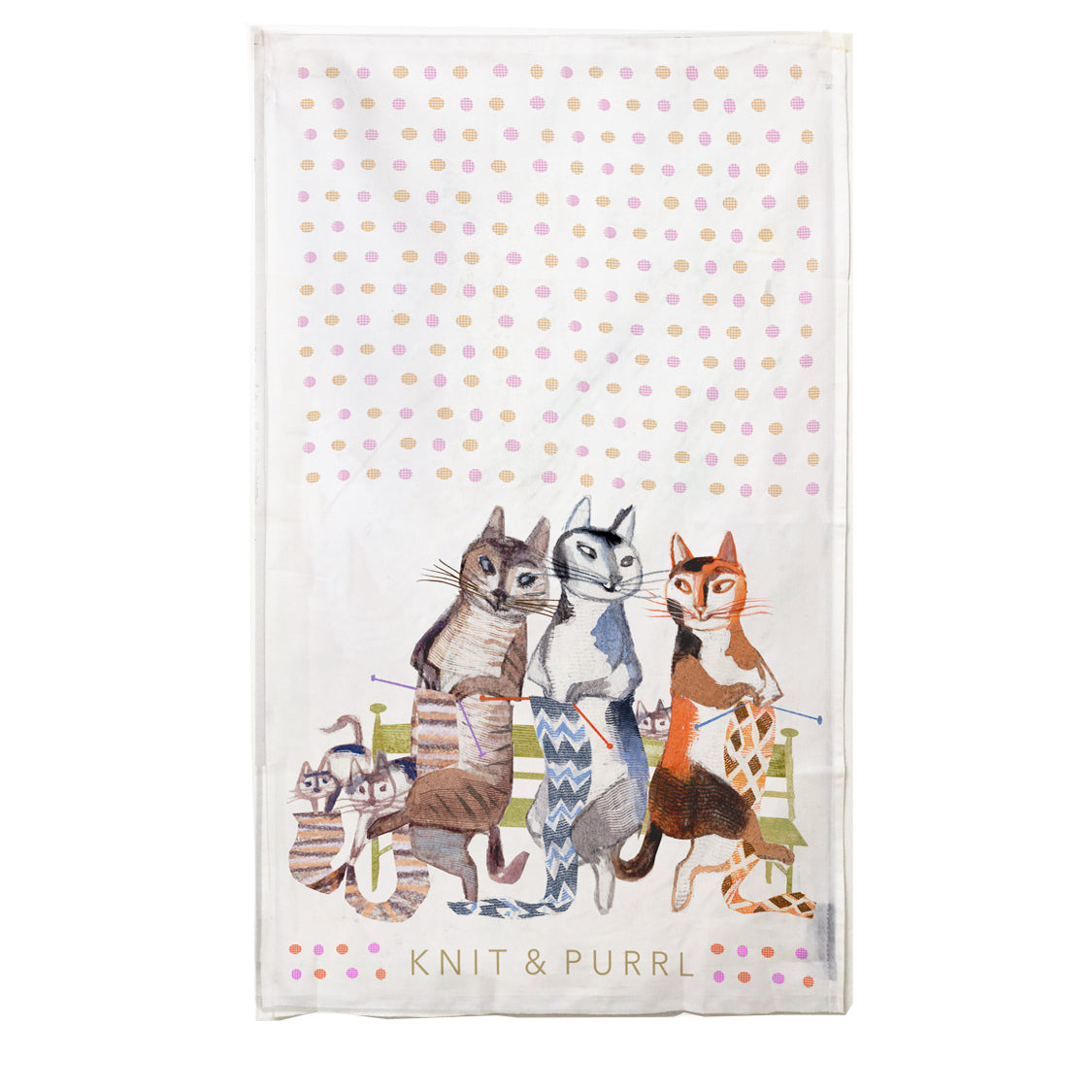 Knit & Purrl Tea Towel featuring a vibrant knitting-themed design, hemmed edges, and a convenient hanging loop.