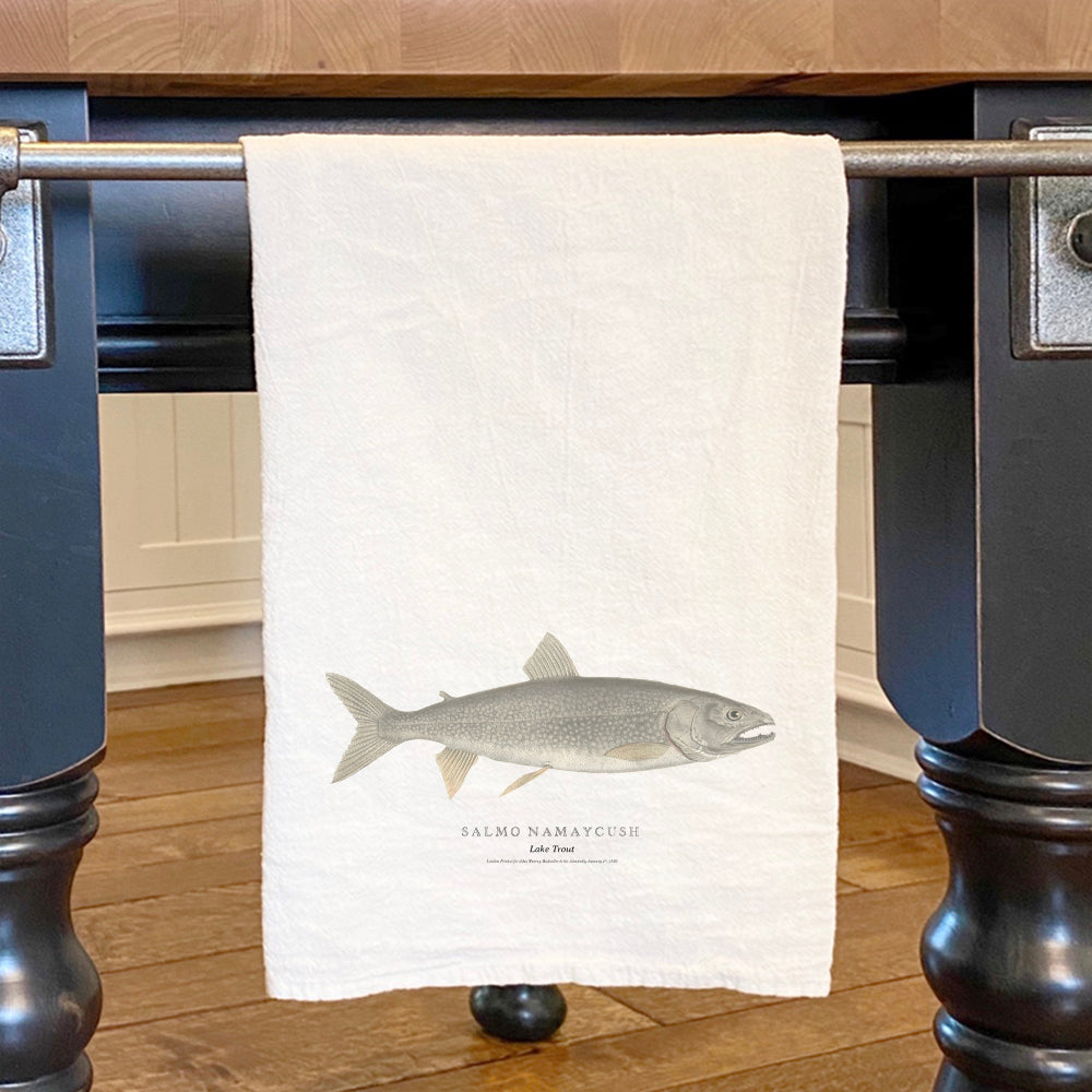 Lake Trout Cotton Tea Towel featuring a vibrant lake trout design, made from 100% absorbent cotton, perfect for kitchen use.