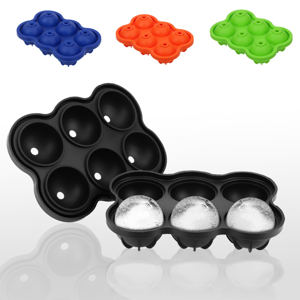 Large Ice Cube Maker Silicone Mold with six cells for making ice balls, showcasing its flexible design and food-grade silicone material.