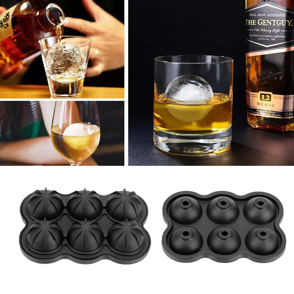 Large Ice Cube Maker Silicone Mold with six cells for making ice balls, showcasing its flexible design and food-grade silicone material.