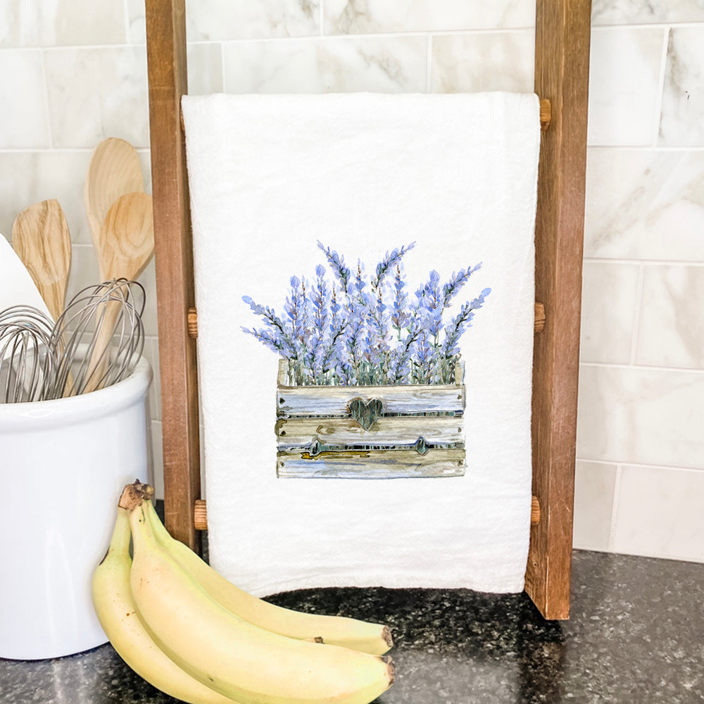 Lavender Basket cotton tea towel featuring a vibrant lavender design on a soft, absorbent fabric, ideal for kitchen use.