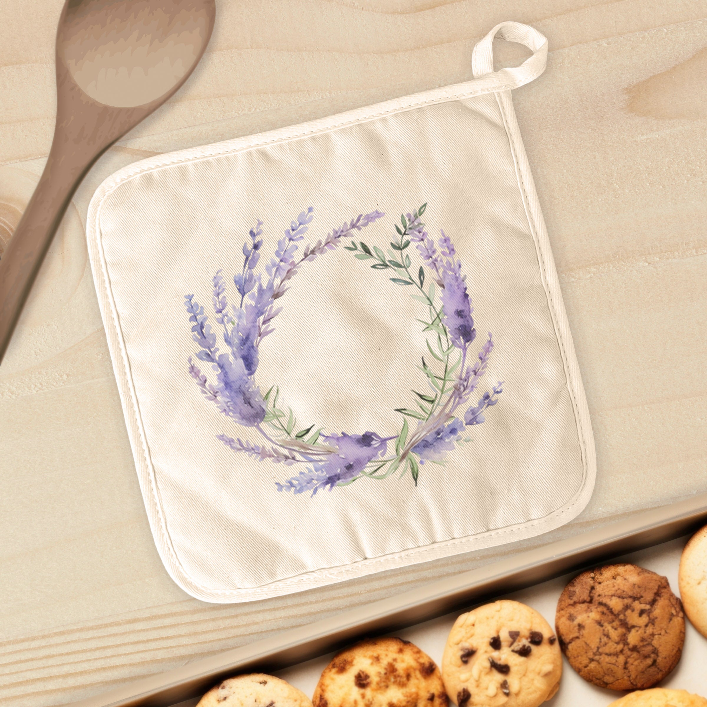 Lavender Wreath Cotton Pot Holder featuring a vibrant floral design, made from durable cotton and terry cloth, perfect for kitchen use.