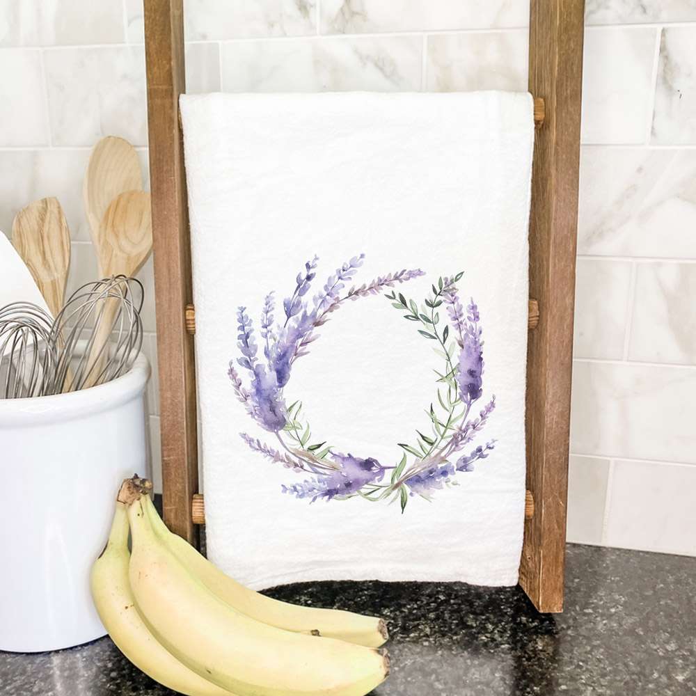 Lavender Wreath Cotton Tea Towel featuring a vibrant floral design, perfect for kitchen use.