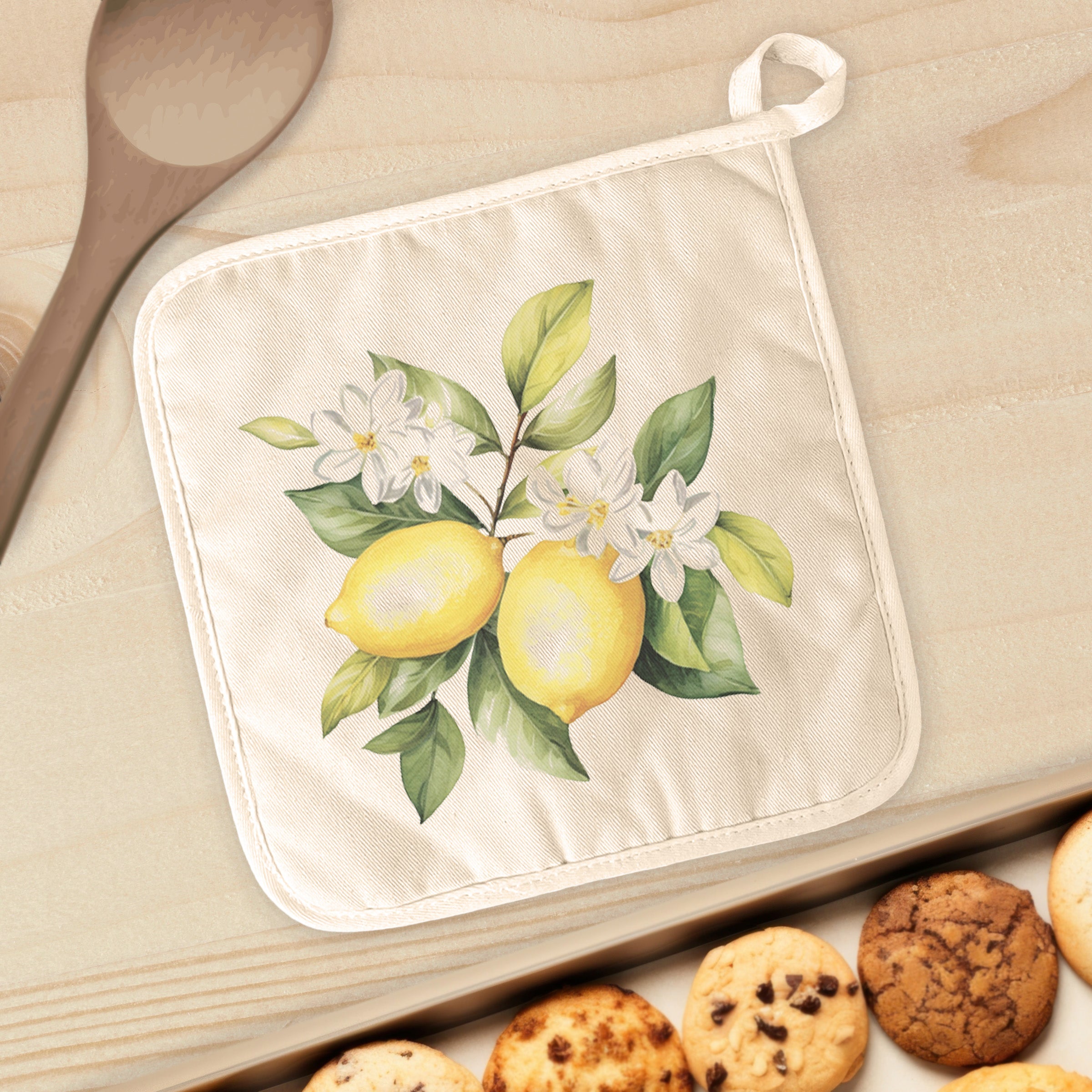 Lemon and Blooms Cotton Pot Holder featuring vibrant floral design and quilted terry cloth texture.