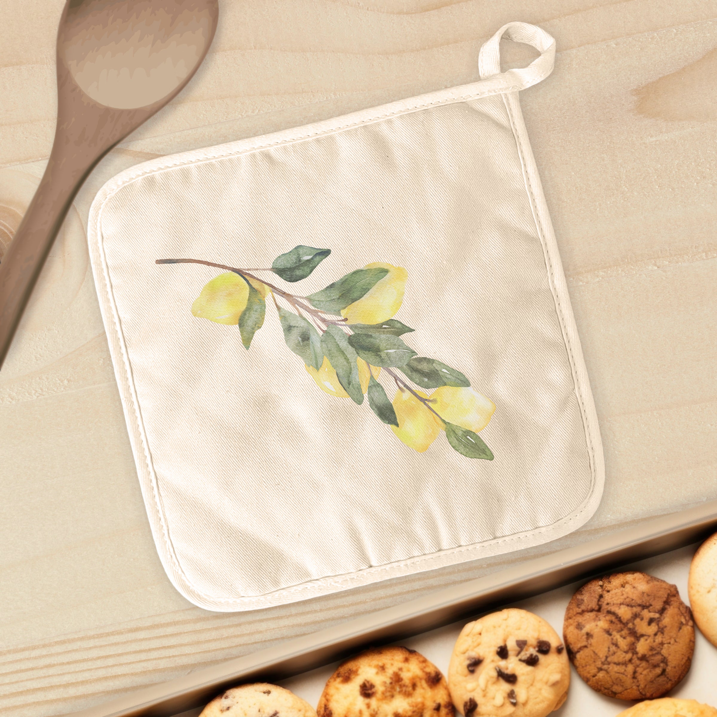 Lemon Branch Cotton Pot Holder featuring vibrant water-based ink designs on natural-color cotton and quilted terry cloth.