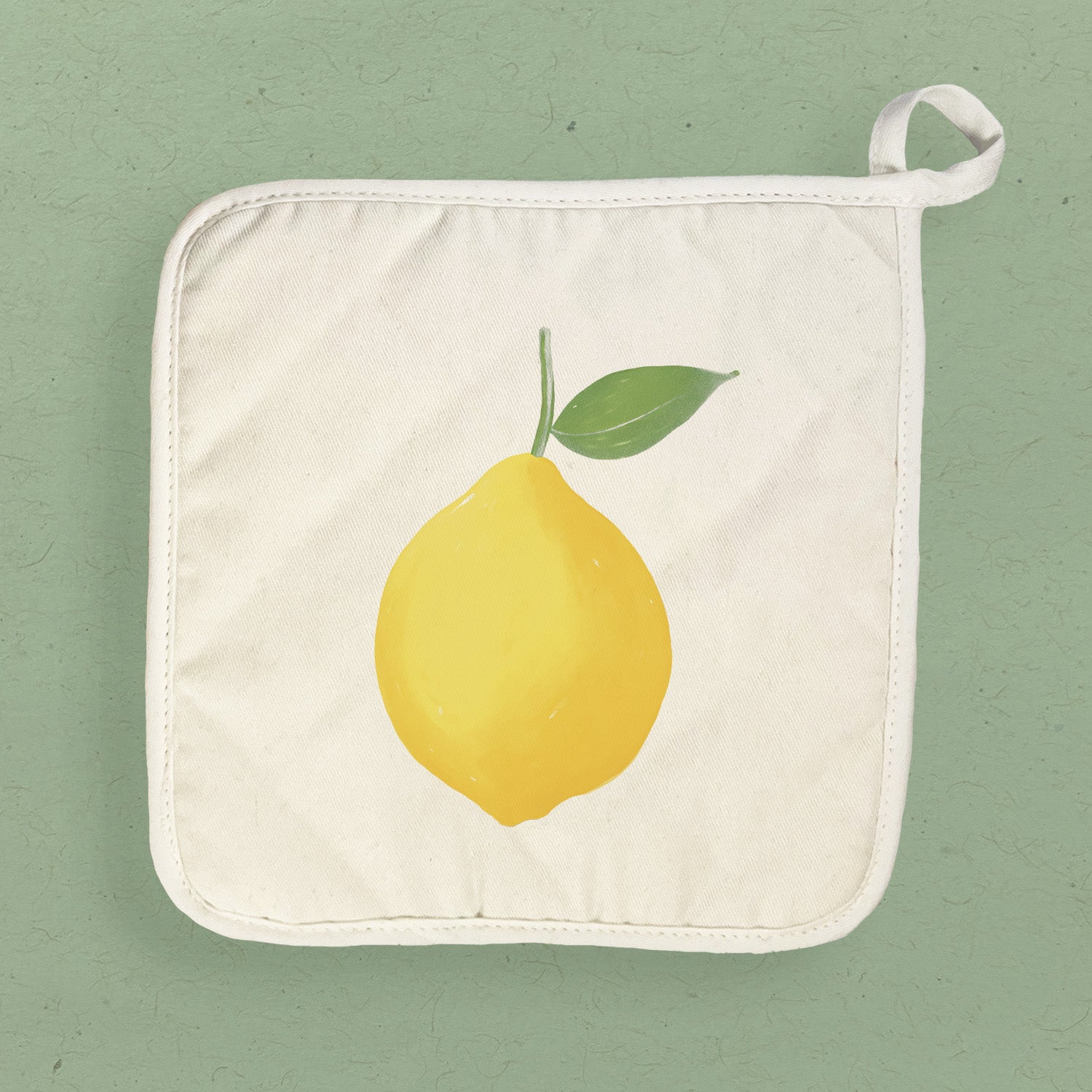 Lemon Cotton Pot Holder featuring vibrant lemon design, made from natural cotton and terry cloth, perfect for protecting surfaces from hot cookware.