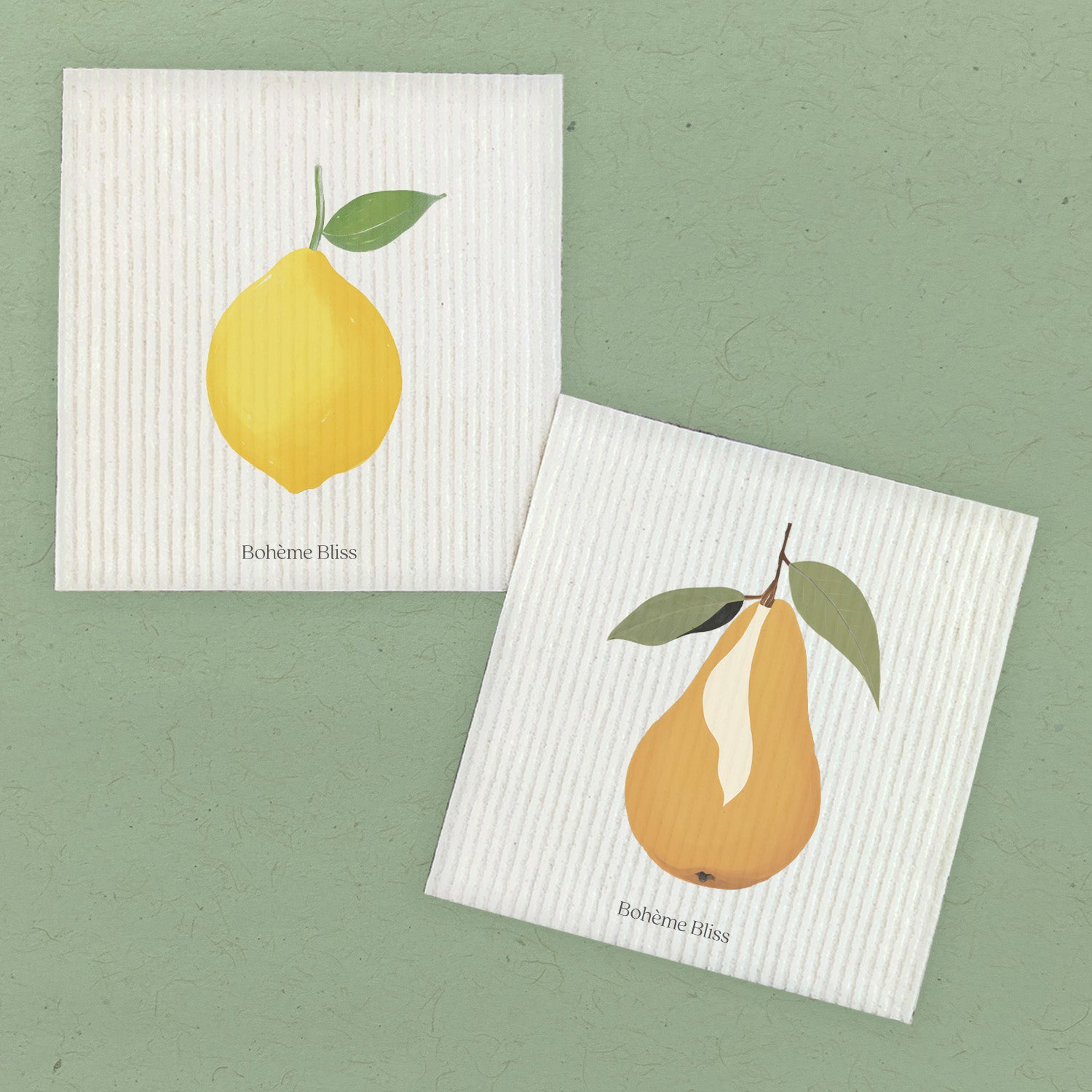 Two Swedish dish cloths featuring lemon and pear designs, eco-friendly and reusable.