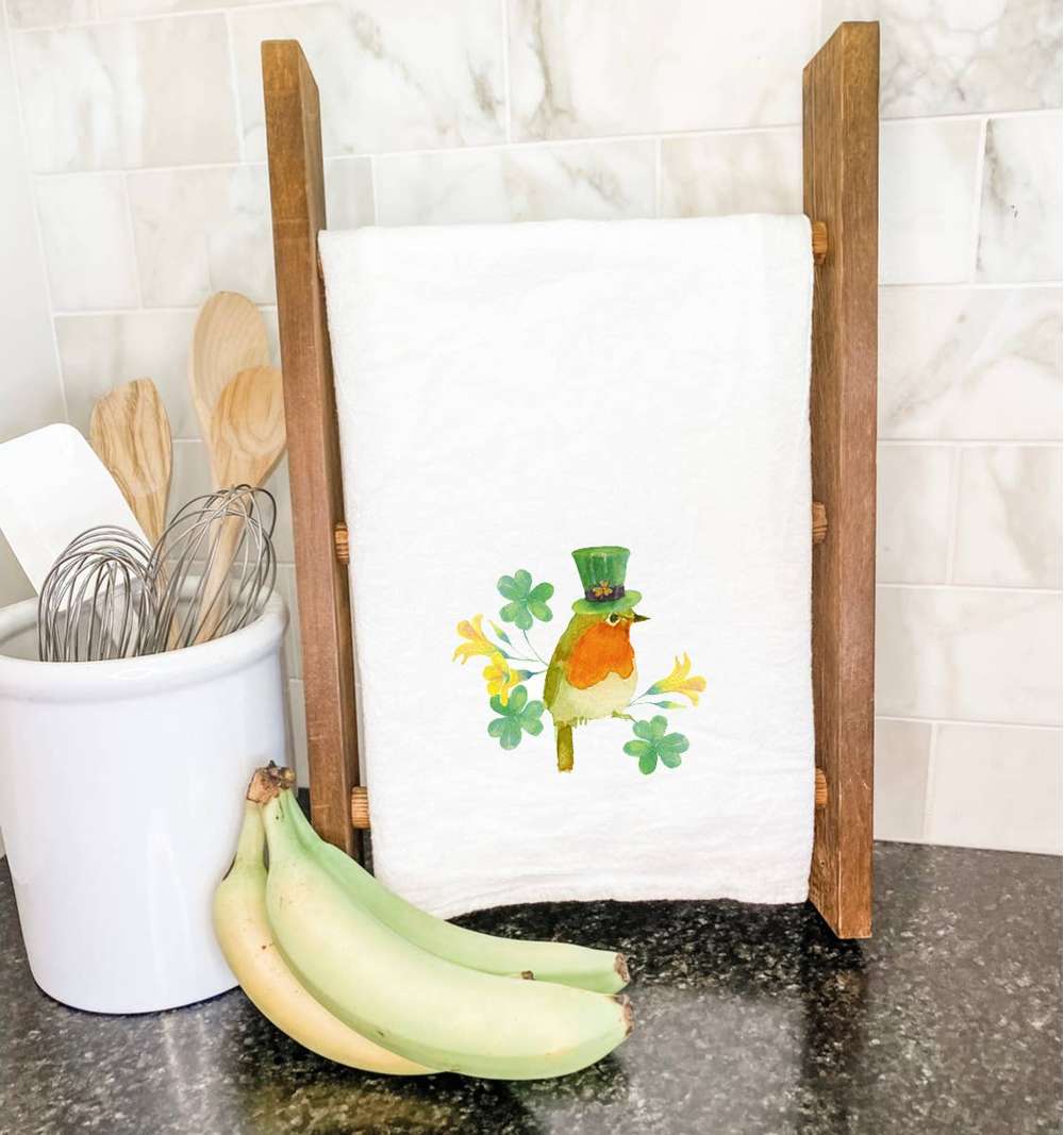 Leprechaun Bird Cotton Tea Towel featuring vibrant colors and a whimsical design, perfect for kitchen use.