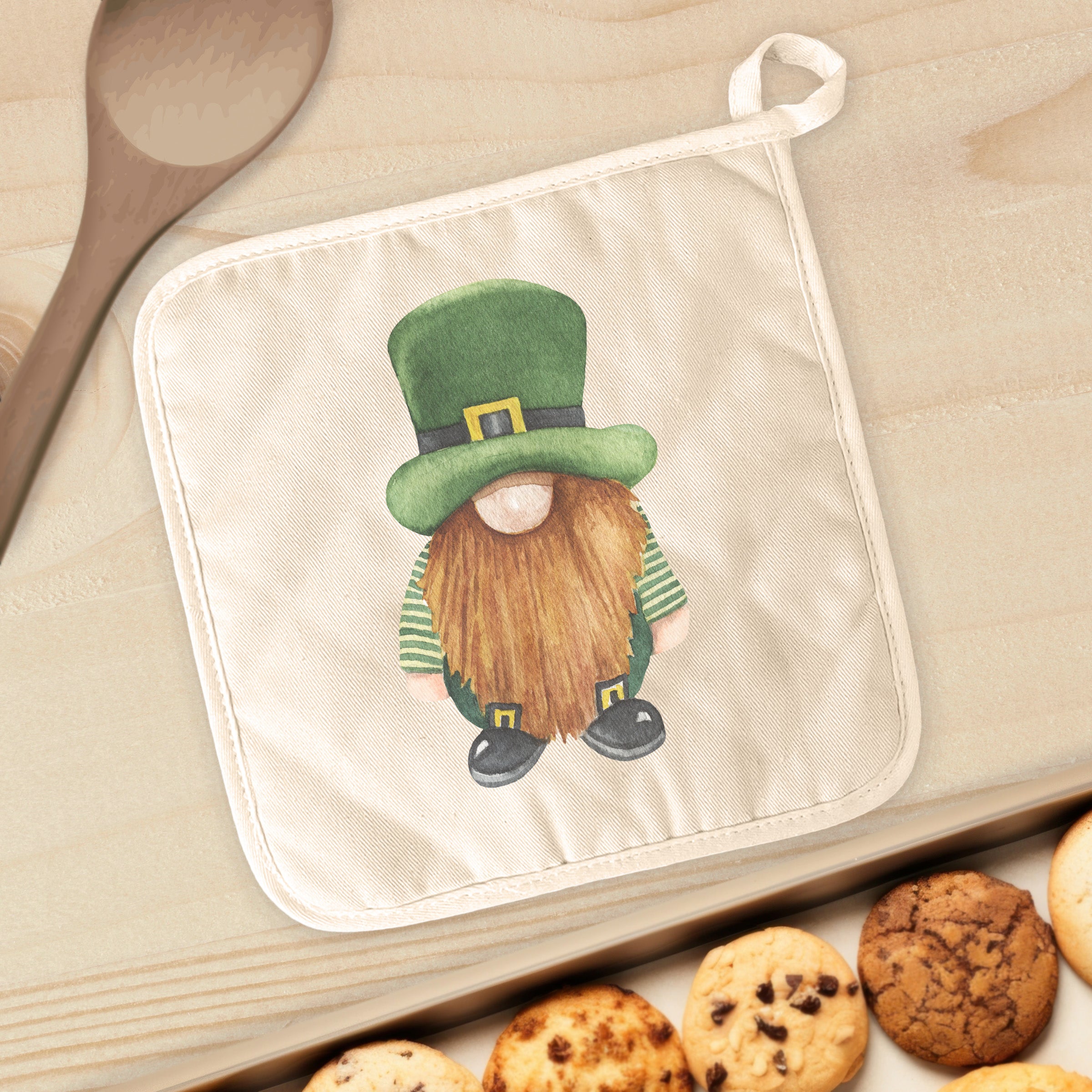 Leprechaun Cotton Pot Holder featuring vibrant designs and a convenient hanging loop, perfect for kitchen use.