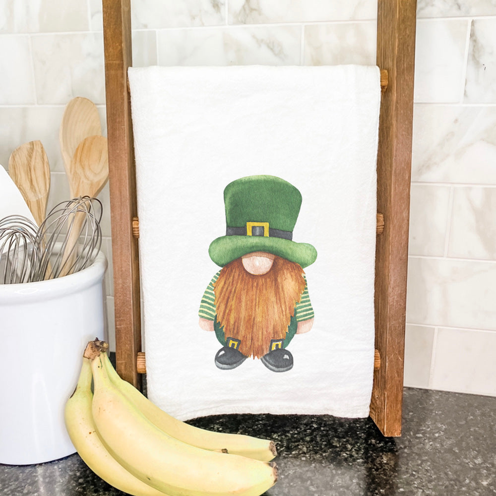 Leprechaun Cotton Tea Towel featuring vibrant design, 27 inches square, made from 100% absorbent cotton.