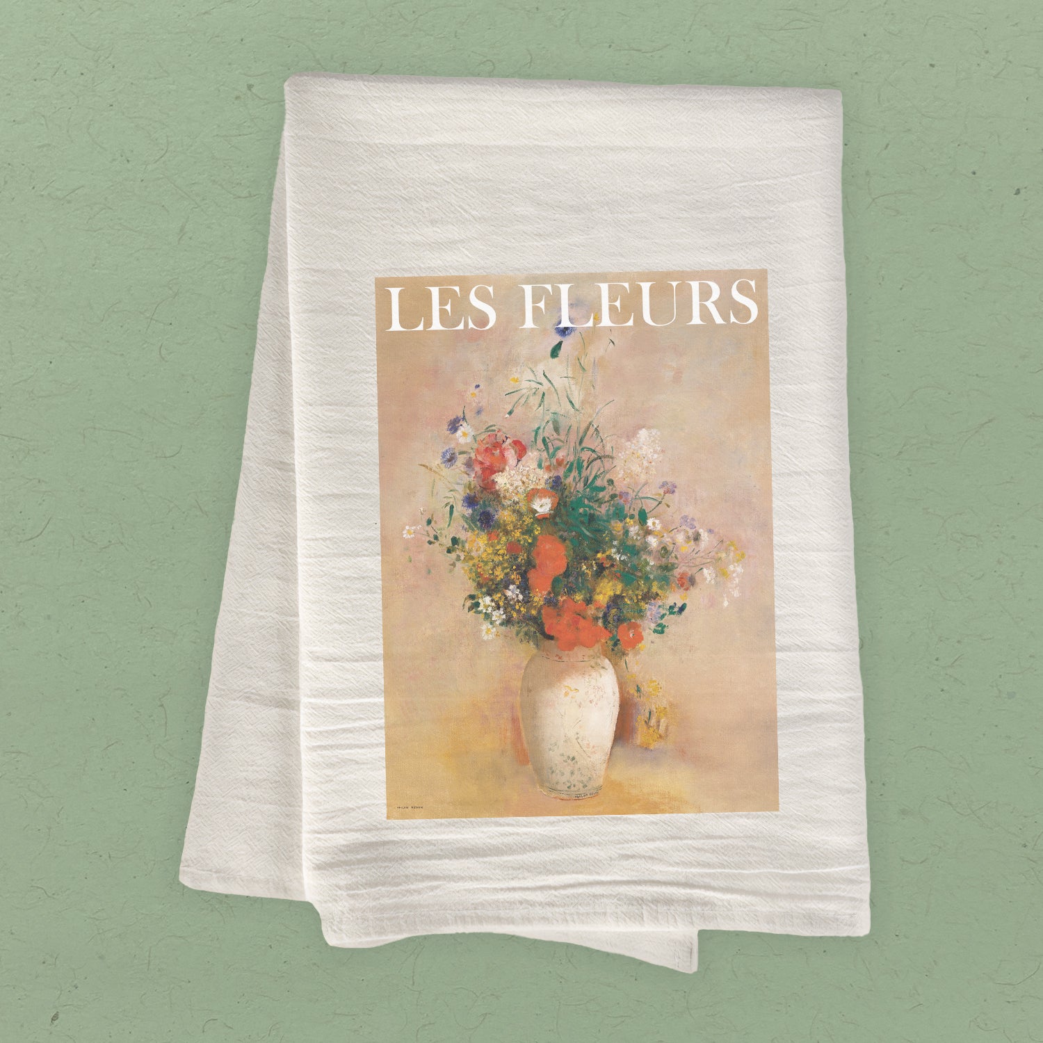 Les Fleurs cotton tea towel featuring vibrant floral designs, made from 100% absorbent cotton, perfect for kitchen use.