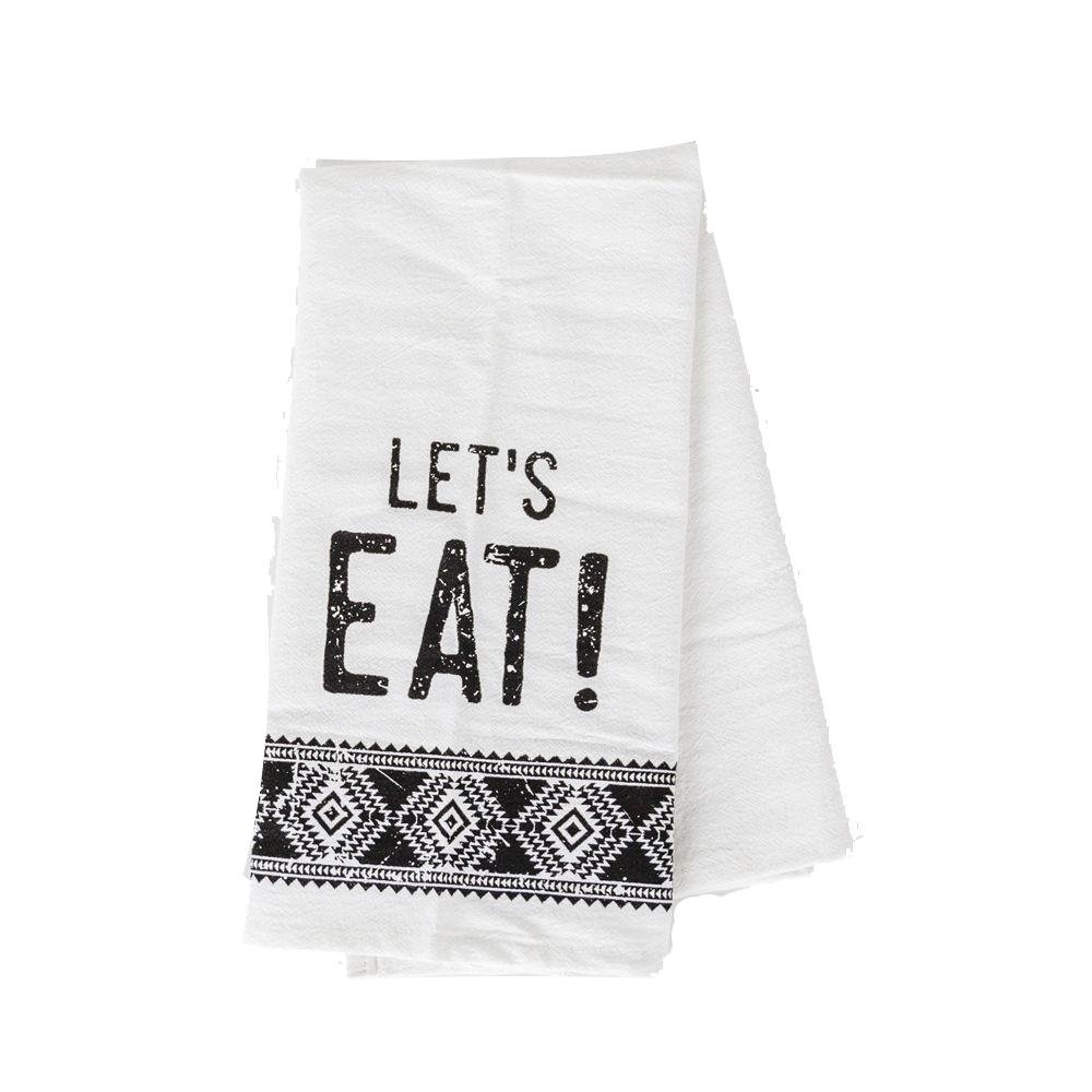 A stylish black and white tea towel featuring an Aztec design with the phrase 'Let's Eat!' printed on it, perfect for kitchen decor.