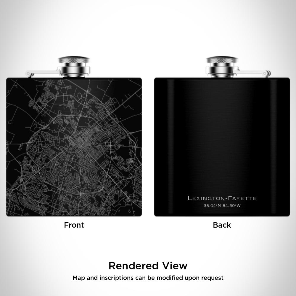 Matte black hip flask featuring a custom engraved map of Lexington-Fayette, Kentucky with coordinates, accompanied by a canvas bag and funnel.