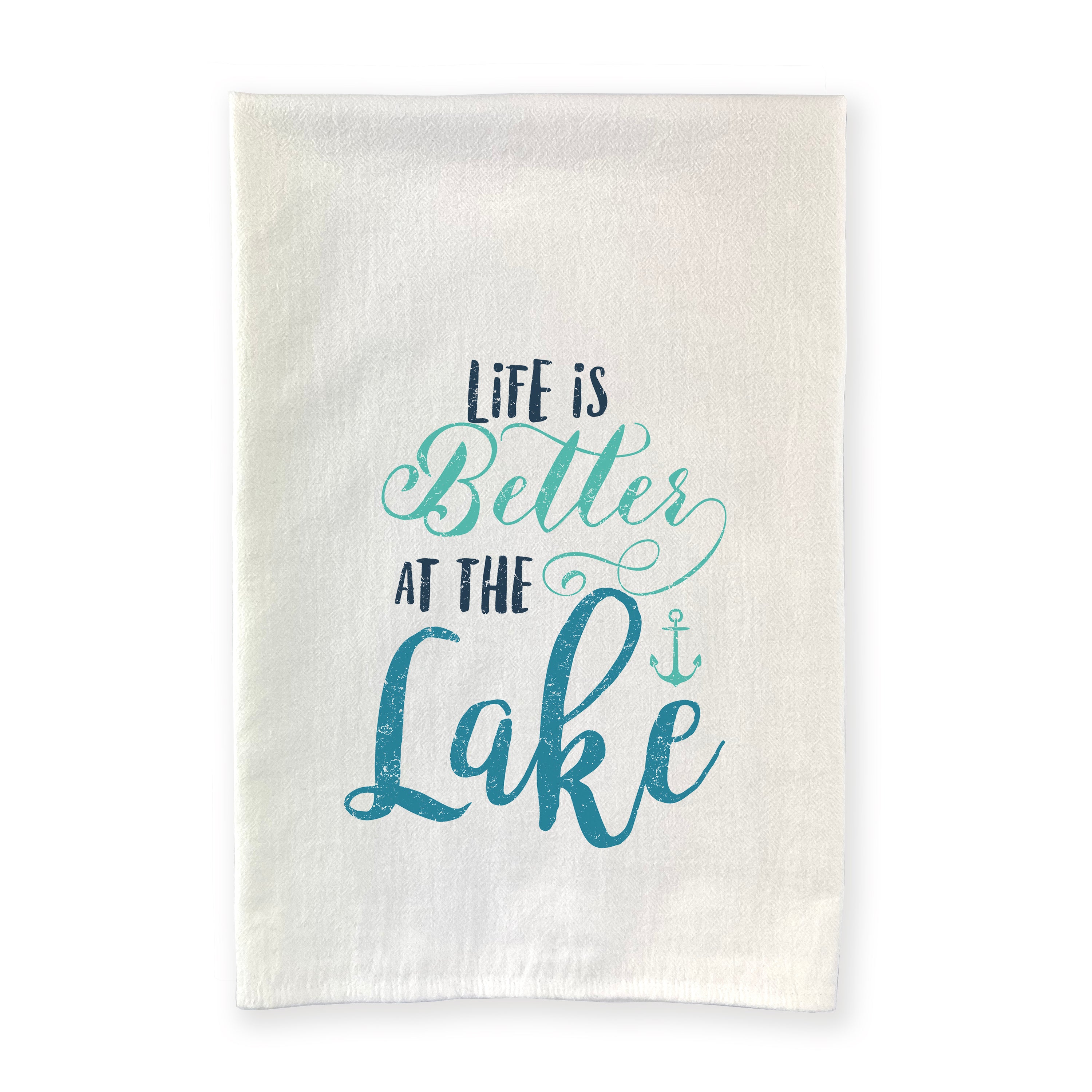 A vibrant cotton tea towel featuring the phrase 'Life is Better at the Lake', showcasing a charming lakeside design, perfect for kitchen use.