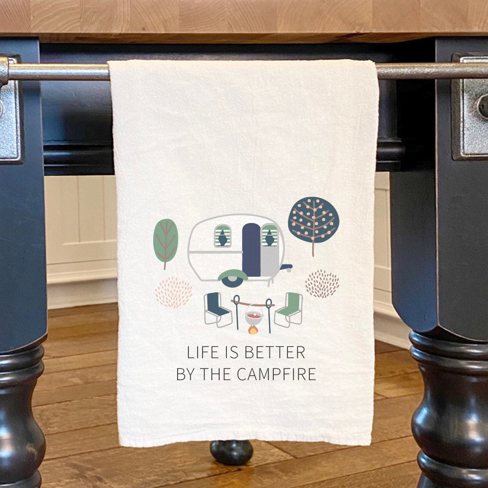 Life is Better Campfire cotton tea towel featuring a vibrant campfire design, perfect for kitchen use.