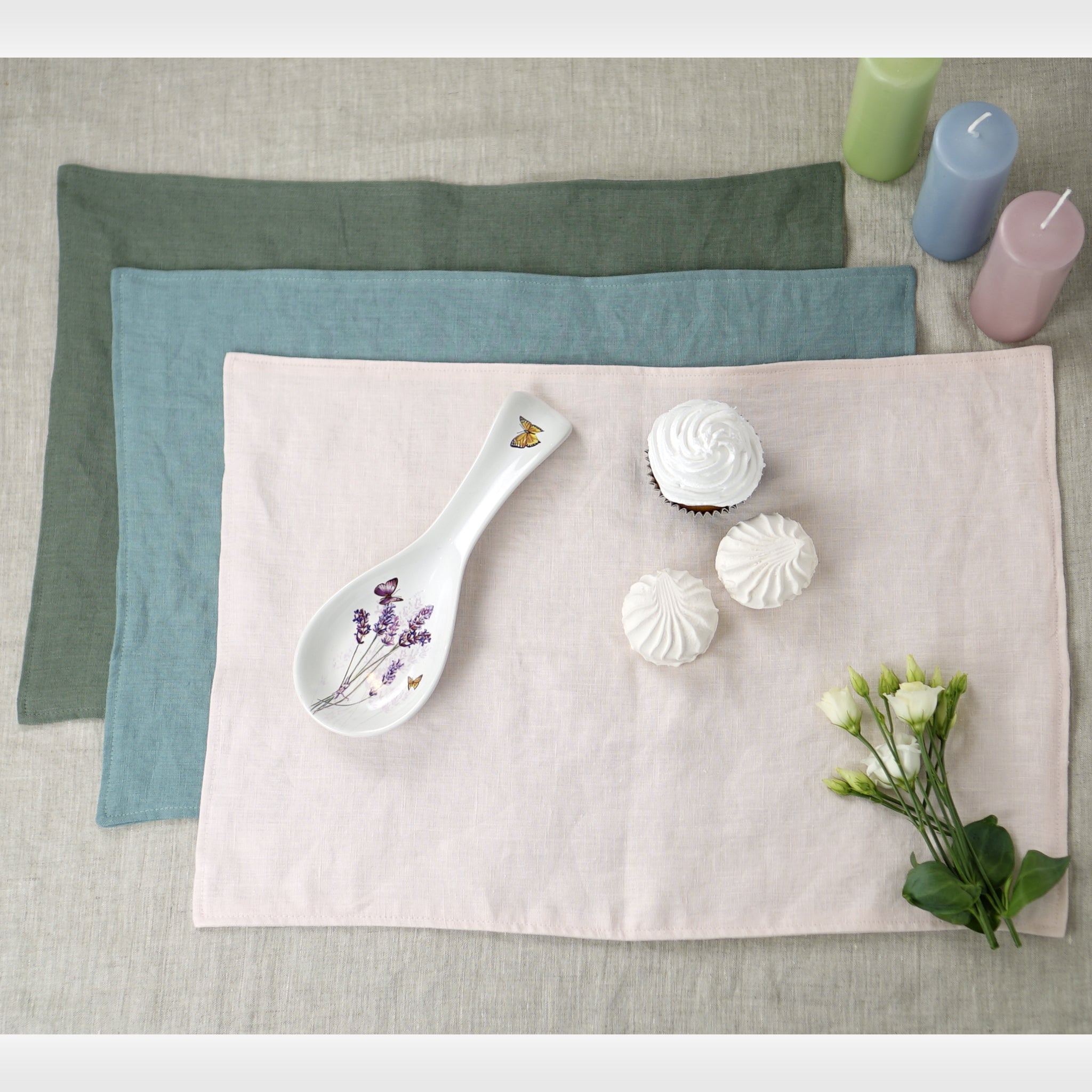 Light pink linen placemats set, handcrafted from natural stonewashed linen, elegantly styled for modern dining.