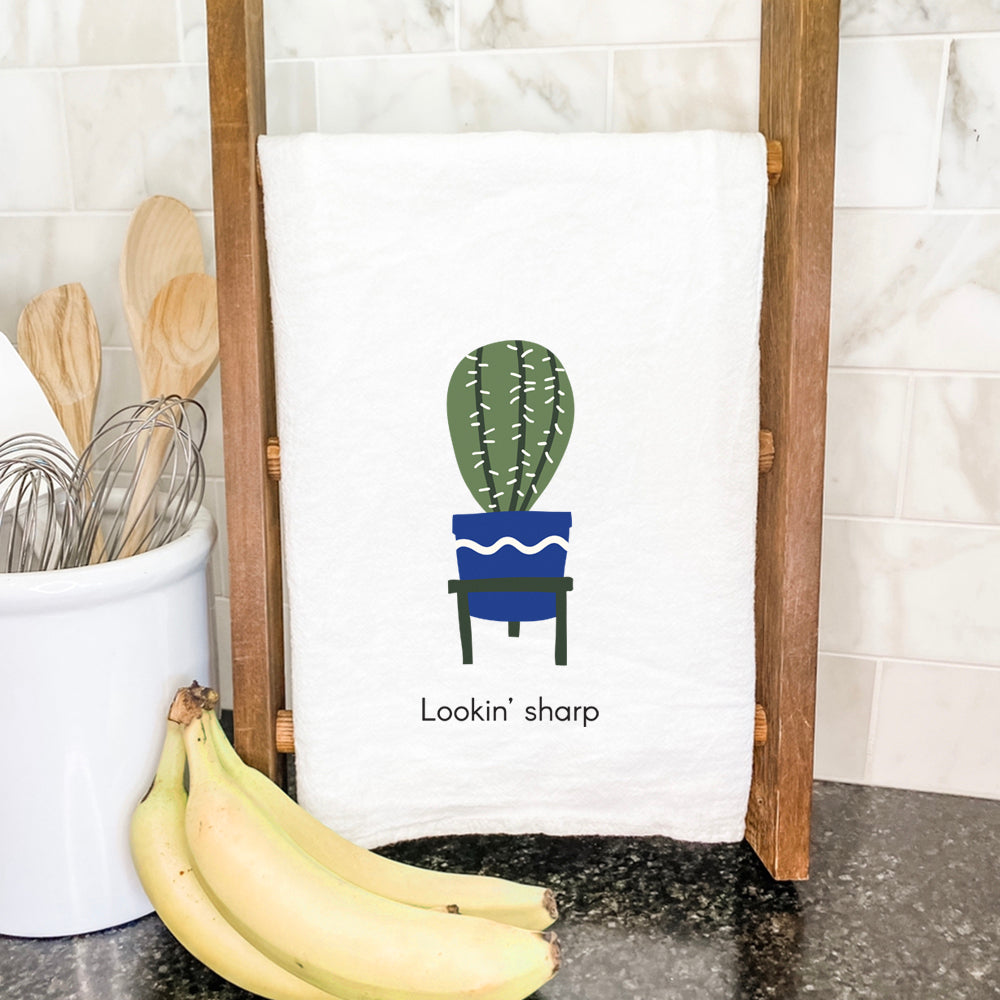 Lookin' Sharp Cactus Cotton Tea Towel featuring vibrant cactus design on absorbent cotton fabric.