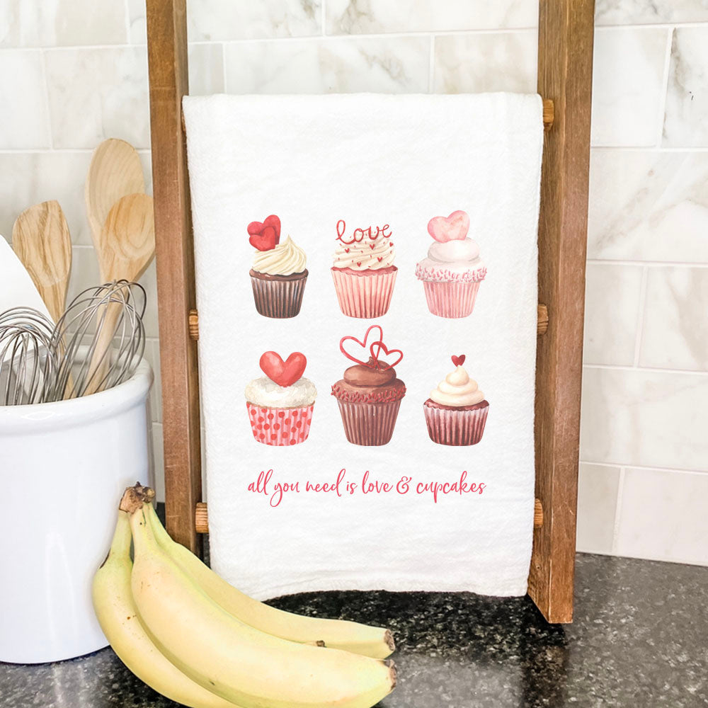 Love and Cupcakes Cotton Tea Towel featuring a vibrant cupcake design, made from 100% absorbent cotton, perfect for kitchen use.