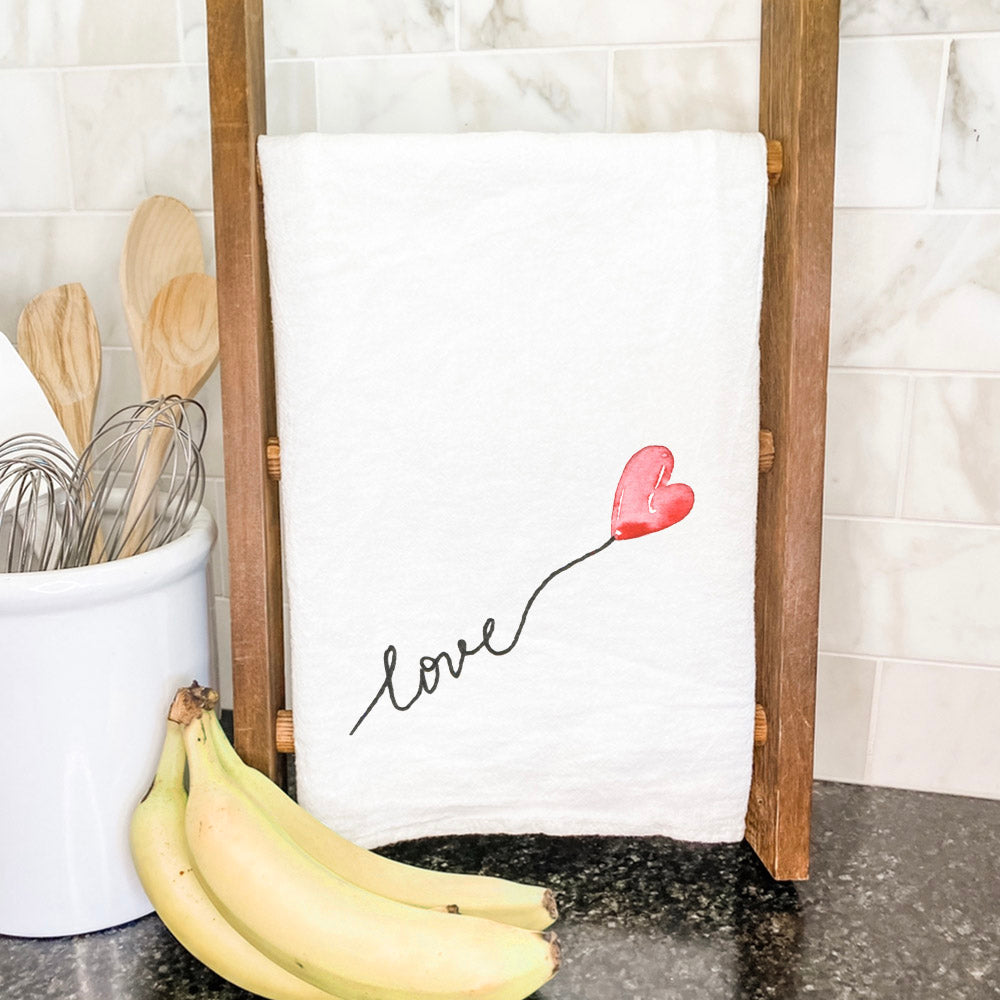 Love Heart Balloon cotton tea towel featuring a vibrant design, made from 100% absorbent cotton, ideal for kitchen use.