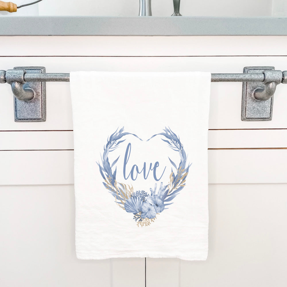 Love Ocean Wreath cotton tea towel featuring vibrant colors and a charming ocean-themed design, perfect for kitchen use.