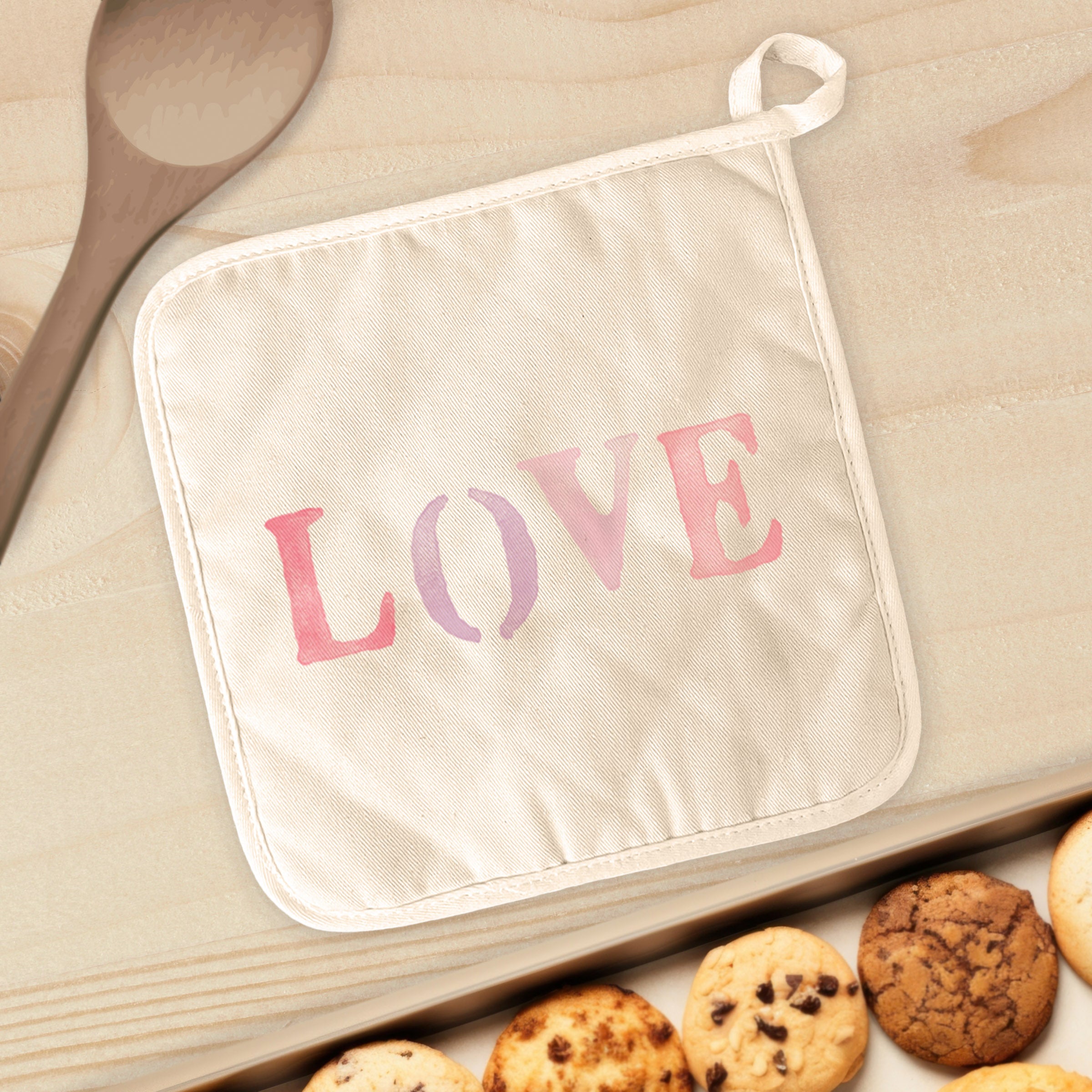 Love Stencil Cotton Pot Holder featuring a vibrant design, made from natural cotton and terry cloth, ideal for protecting surfaces from hot cookware.