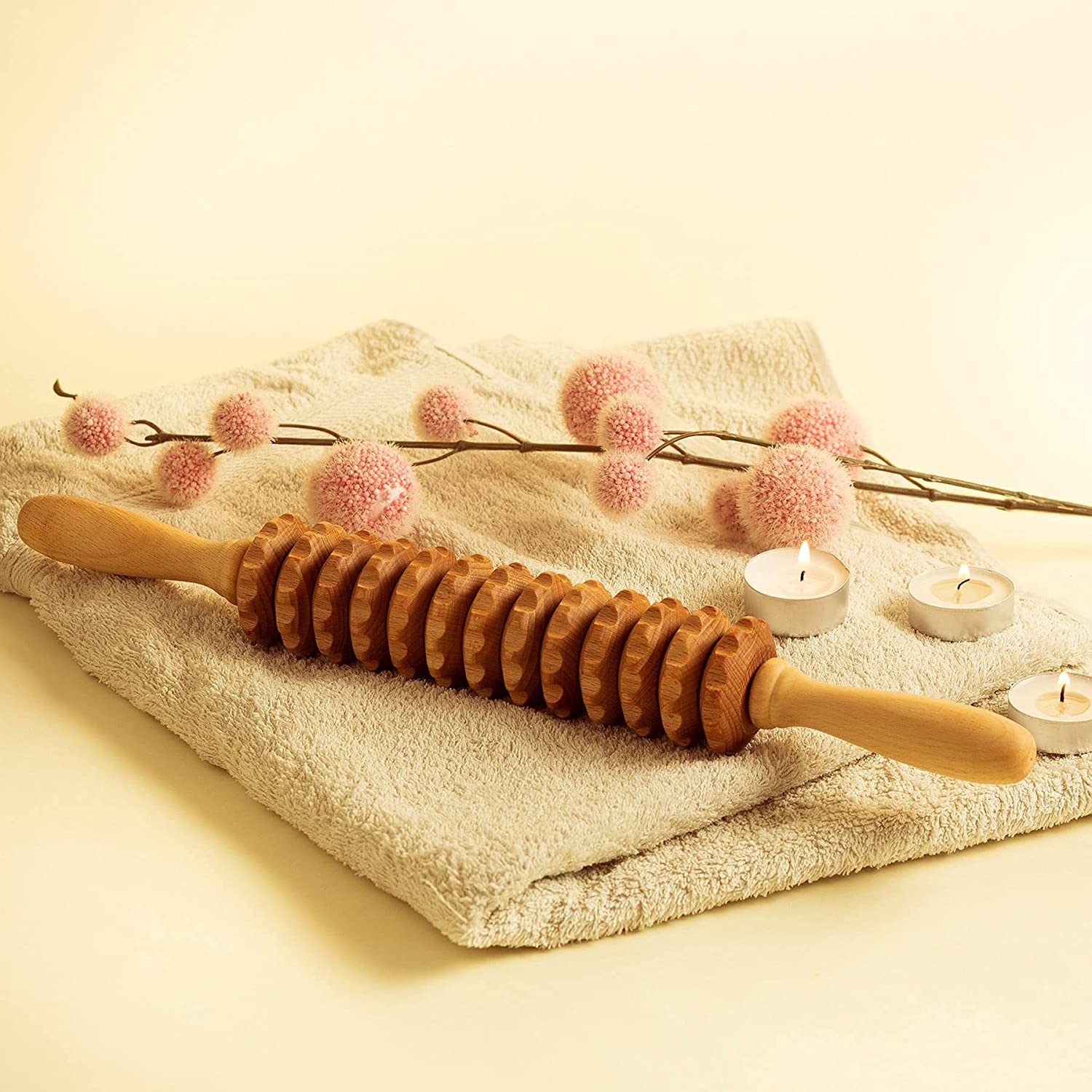 Lymphatic Drainage Straight Massage Roller made of wood, designed for enhancing circulation and promoting relaxation.