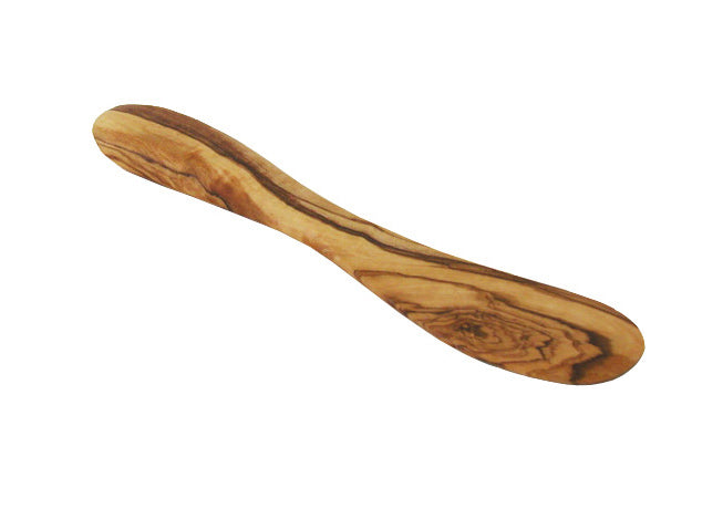 Handcrafted Mediterranean olive wood butter knife with a smooth finish and unique grain pattern, perfect for spreading butter and other spreads.