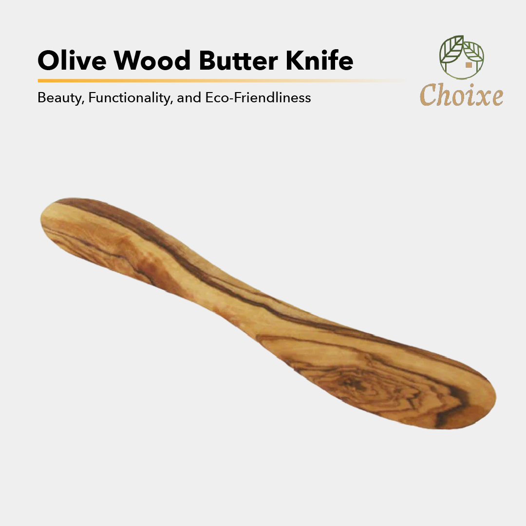 Handcrafted Mediterranean olive wood butter knife with a smooth finish and unique grain pattern, perfect for spreading butter and other spreads.