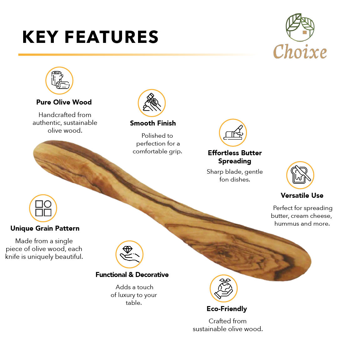 Handcrafted Mediterranean olive wood butter knife with a smooth finish and unique grain pattern, perfect for spreading butter and other spreads.