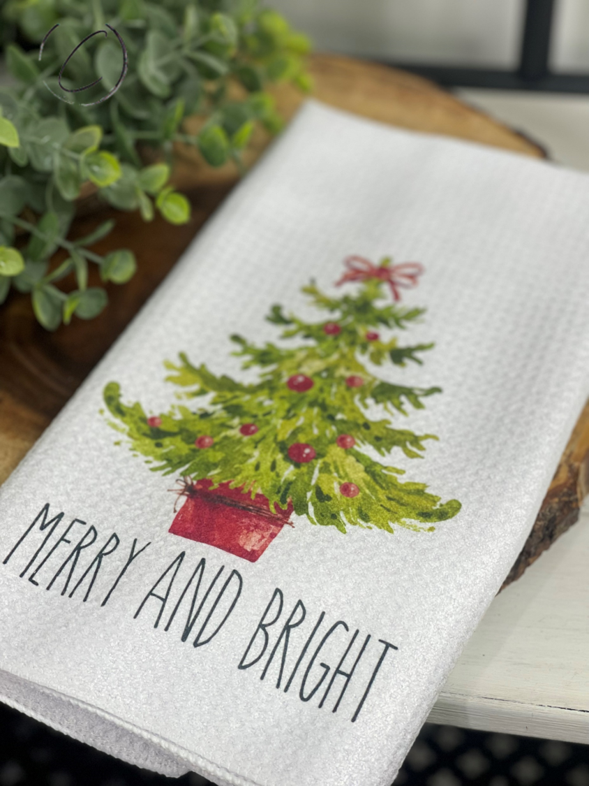 Merry And Bright Holiday Tree Waffle Weave Tea Towel featuring a festive tree design, perfect for kitchen use.