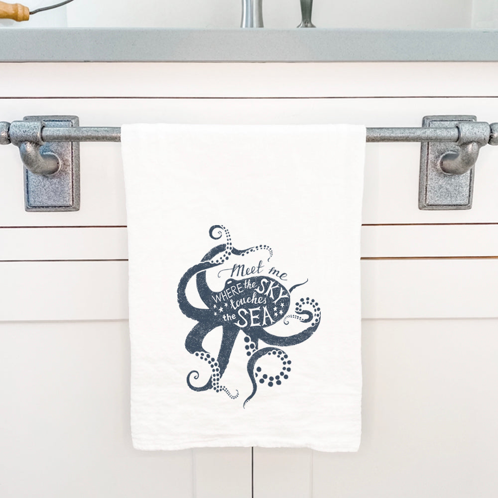 Meet Me Octopus Cotton Tea Towel featuring a vibrant octopus design on absorbent cotton fabric, perfect for kitchen use.