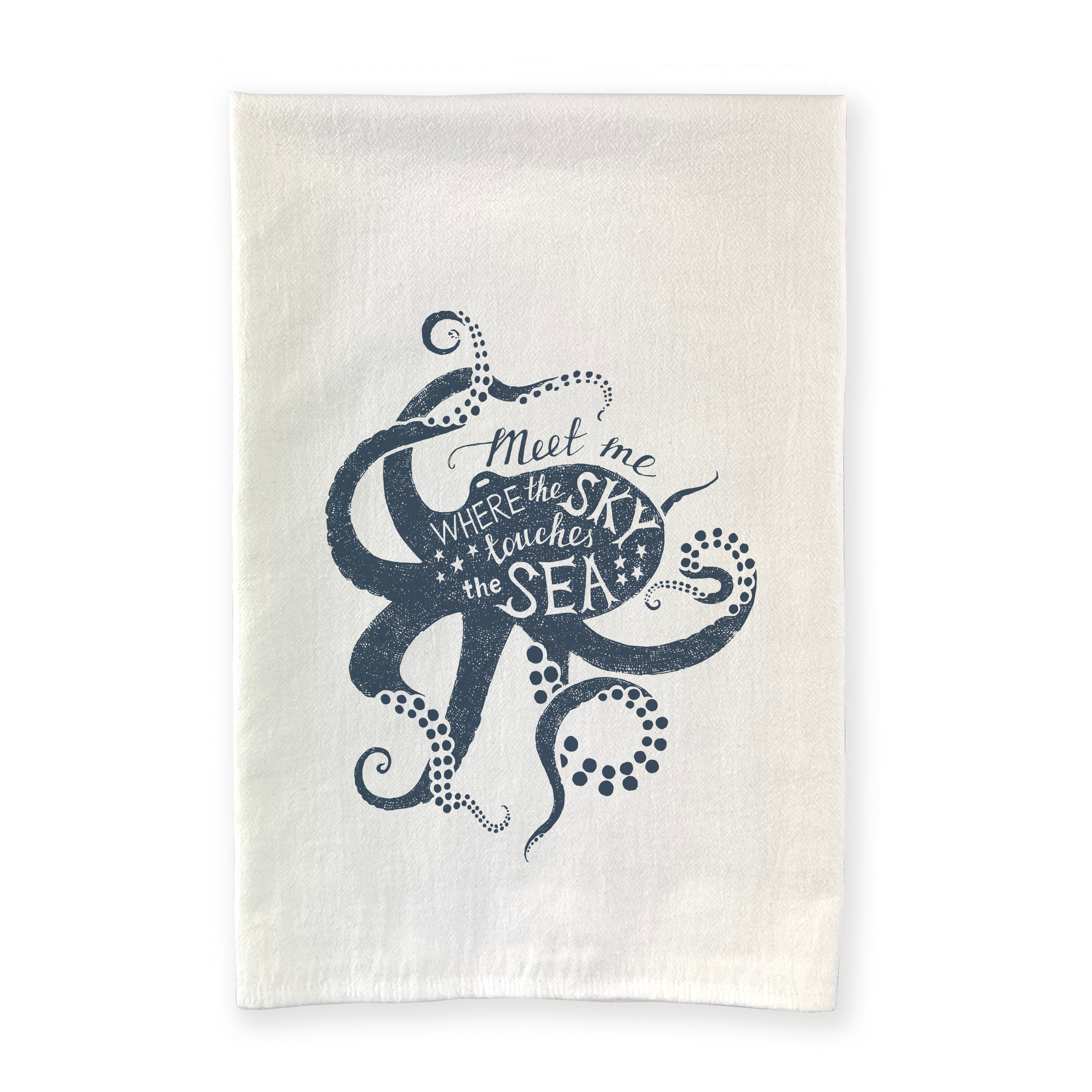 Meet Me Octopus Cotton Tea Towel featuring a vibrant octopus design on absorbent cotton fabric, perfect for kitchen use.