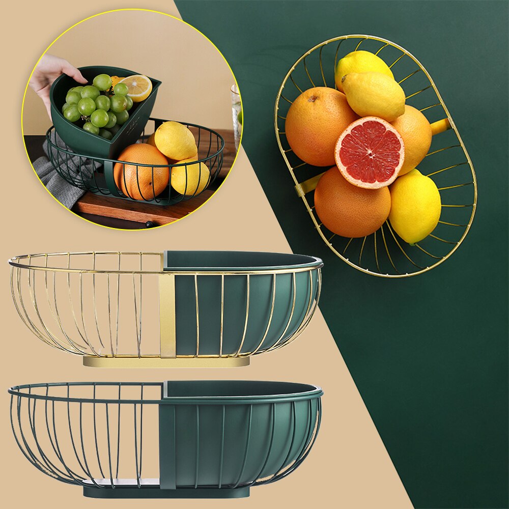 A stylish metal hollowed out fruit and vegetable snack tray bowl basket in dark green and gold, showcasing a variety of fresh fruits and snacks.