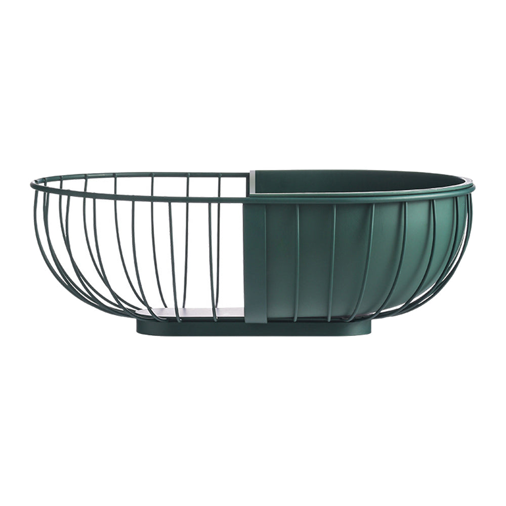 A stylish metal hollowed out fruit and vegetable snack tray bowl basket in dark green and gold, showcasing a variety of fresh fruits and snacks.