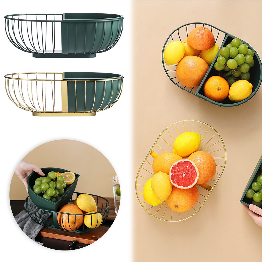 A stylish metal hollowed out fruit and vegetable snack tray bowl basket in dark green and gold, showcasing a variety of fresh fruits and snacks.