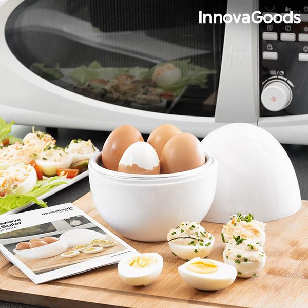 Microwave Egg Boiler Boilegg InnovaGoods with eggs and recipe booklet, showcasing its compact design and BPA-free materials.