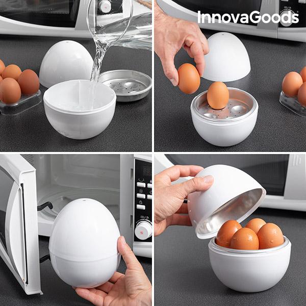 Microwave Egg Boiler Boilegg InnovaGoods with eggs and recipe booklet, showcasing its compact design and BPA-free materials.