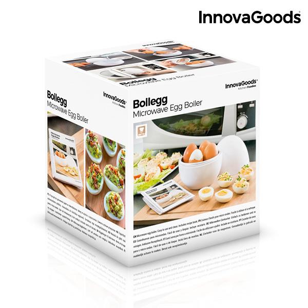 Microwave Egg Boiler Boilegg InnovaGoods with eggs and recipe booklet, showcasing its compact design and BPA-free materials.