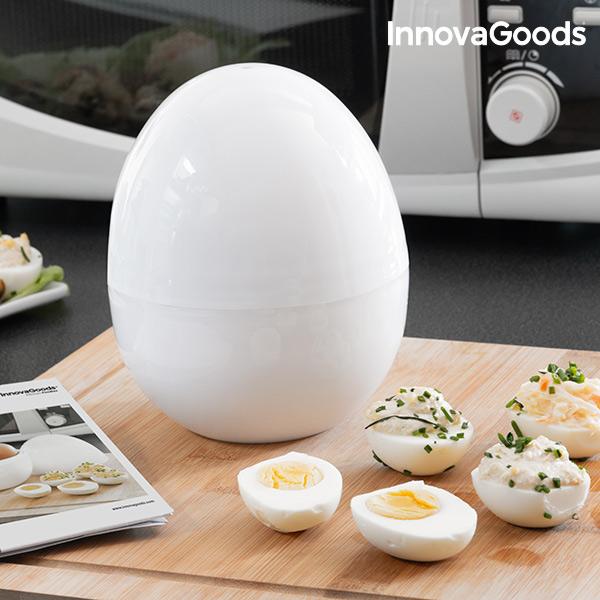 Microwave Egg Boiler Boilegg InnovaGoods with eggs and recipe booklet, showcasing its compact design and BPA-free materials.