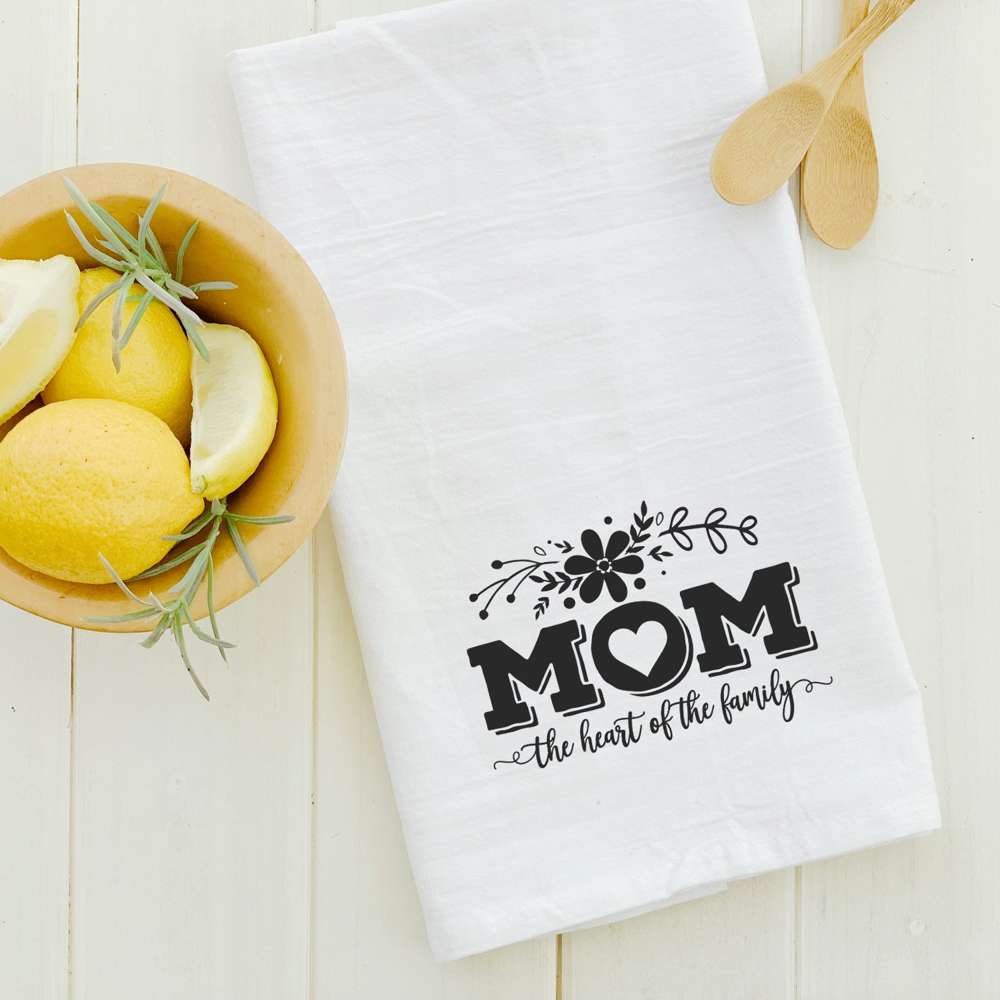 Mom The Heart of Family cotton tea towel featuring a vibrant design, perfect for kitchen use and celebrating family love.