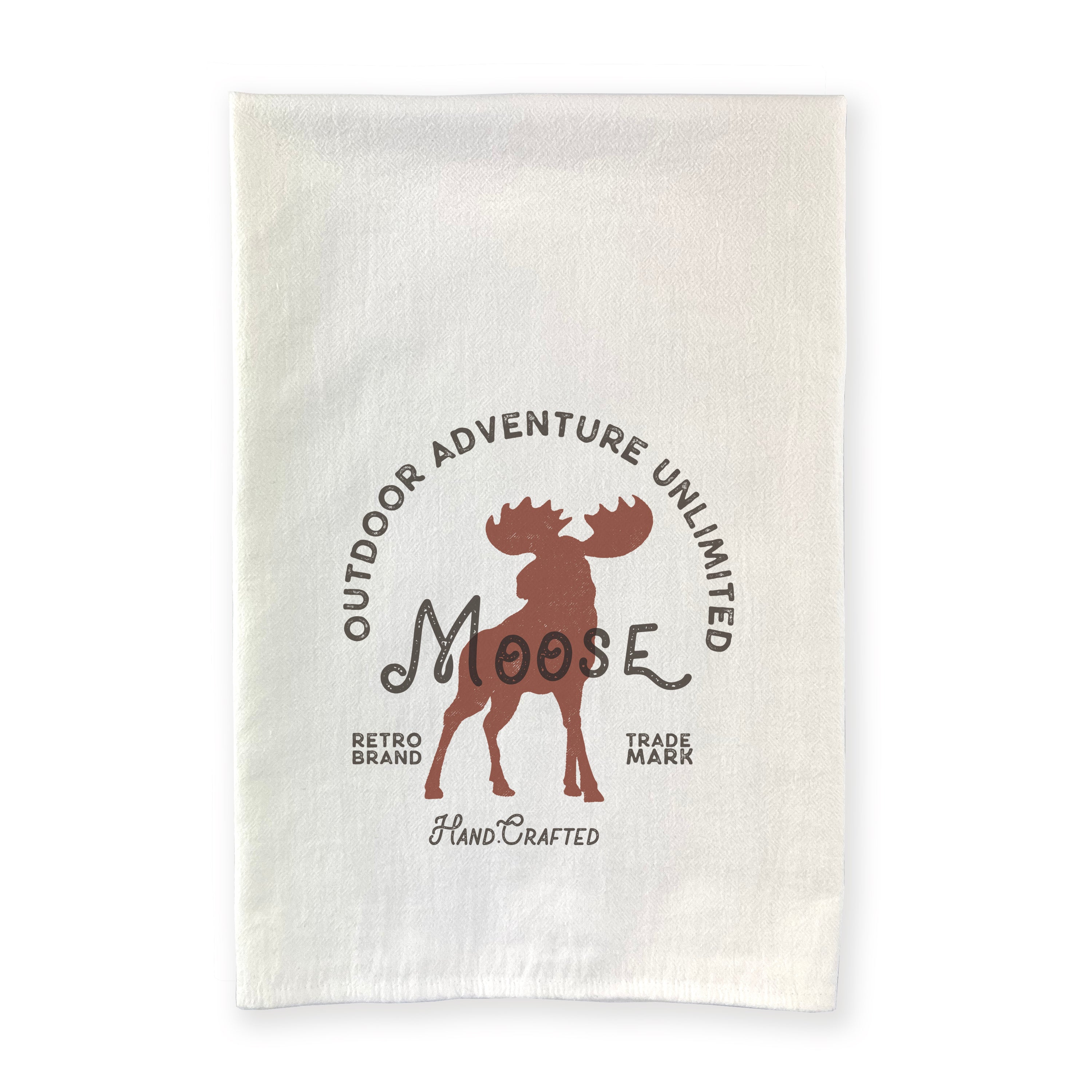 Moose Badge Cotton Tea Towel featuring vibrant design and hemmed edges, perfect for kitchen use.