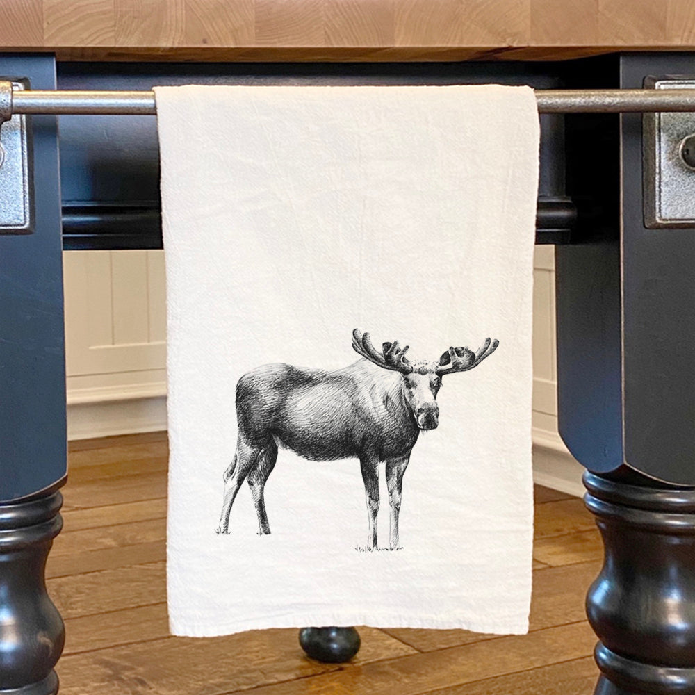 Moose Sketch Cotton Tea Towel featuring a vibrant moose design on absorbent fabric, perfect for kitchen use.