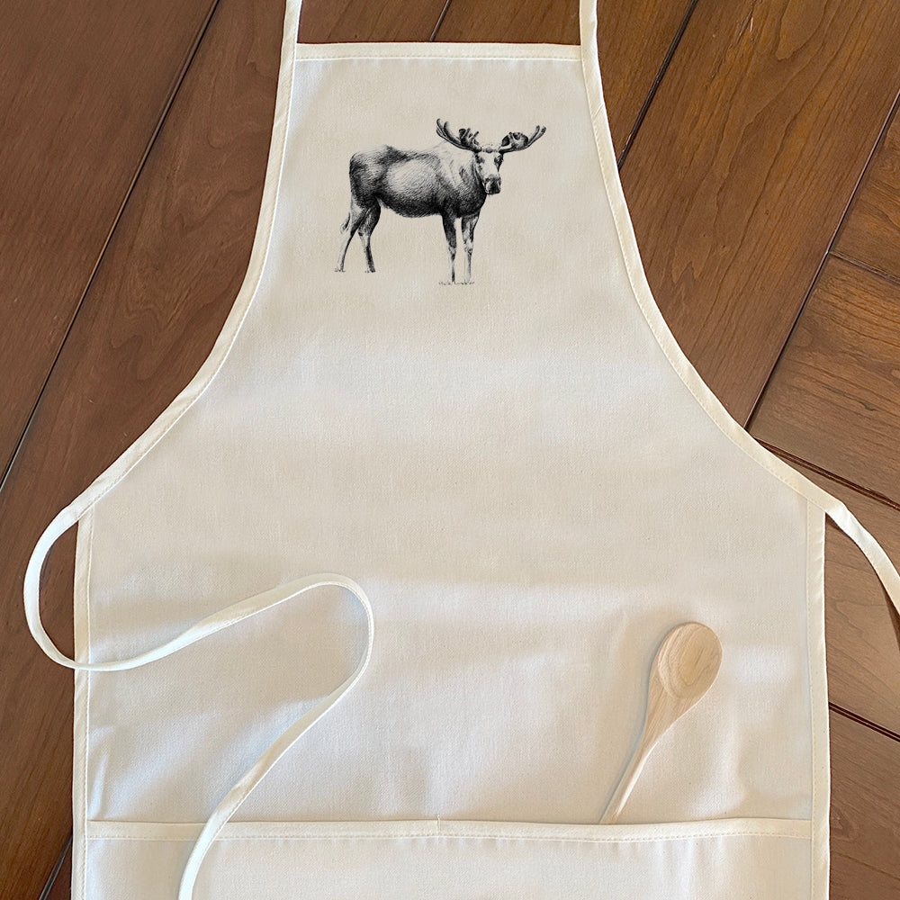 Moose Sketch Women's Apron featuring a charming moose design, made from durable cotton canvas with adjustable neck and twill ties.