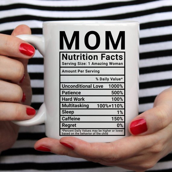 Funny coffee mug with 'Mom Nutrition Facts' design, showcasing humorous details about mothers, crafted from high-quality ceramic.