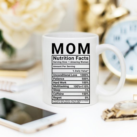 Funny coffee mug with 'Mom Nutrition Facts' design, showcasing humorous details about mothers, crafted from high-quality ceramic.