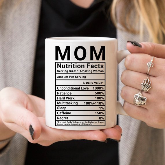 Funny coffee mug with 'Mom Nutrition Facts' design, showcasing humorous details about mothers, crafted from high-quality ceramic.