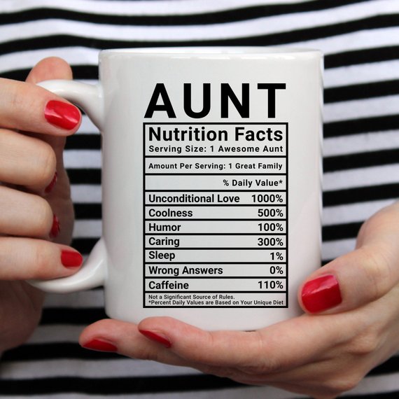 Aunt Nutritional Facts Funny Coffee Mug featuring humorous design with nutritional facts, crafted from high-quality ceramic, ideal for coffee or tea.