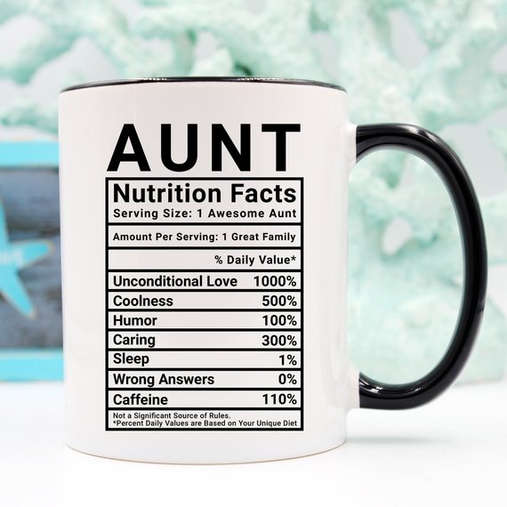 Aunt Nutritional Facts Funny Coffee Mug featuring humorous design with nutritional facts, crafted from high-quality ceramic, ideal for coffee or tea.